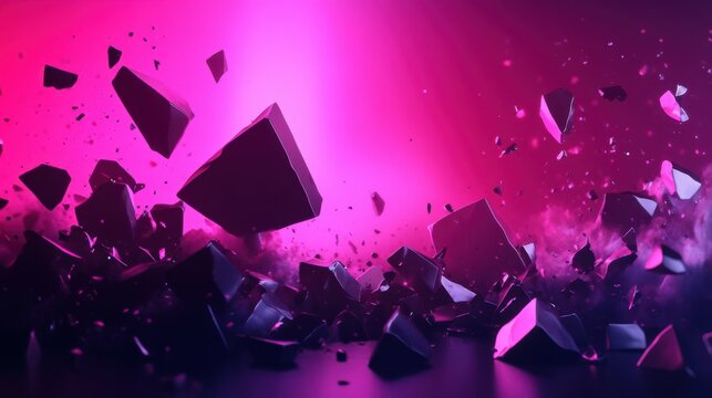 Abstract 3d geometric shapes exploding against a vibrant pink background