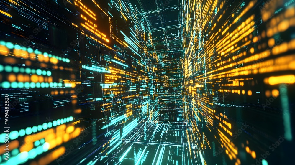 Poster abstract digital corridor with glowing lines and code