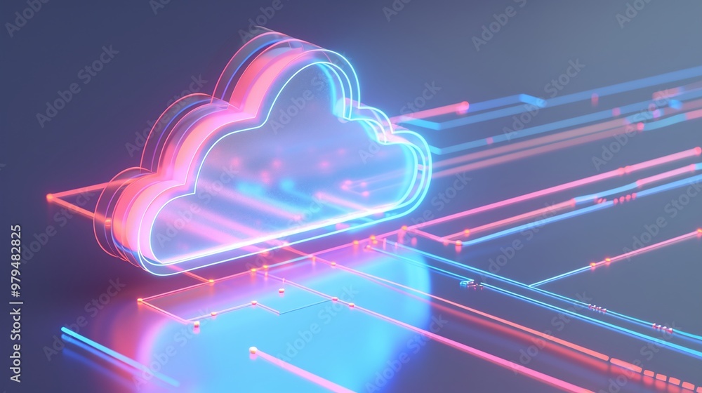 Poster a vibrant digital cloud symbol with neon lights, representing modern cloud technology and networking