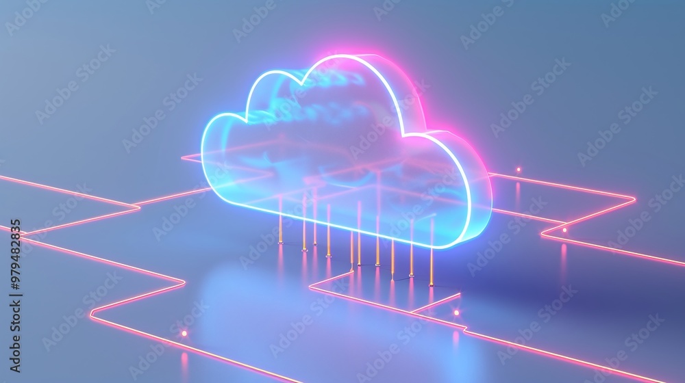 Poster a vibrant digital cloud with neon colors, representing modern data storage and cloud computing techn