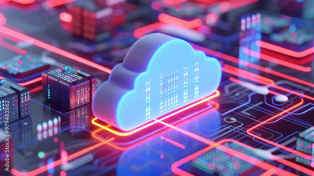 Poster a vibrant digital illustration of a cloud symbol surrounded by futuristic circuitry, representing cl