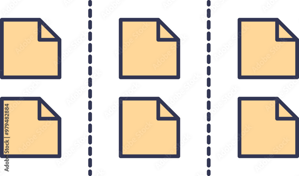 Aufkleber three pairs of yellow post-it notes separated by dashed lines, symbolizing organization and task man