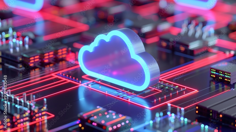 Aufkleber a vibrant digital representation of a cloud symbol on a circuit board, symbolizing cloud computing t