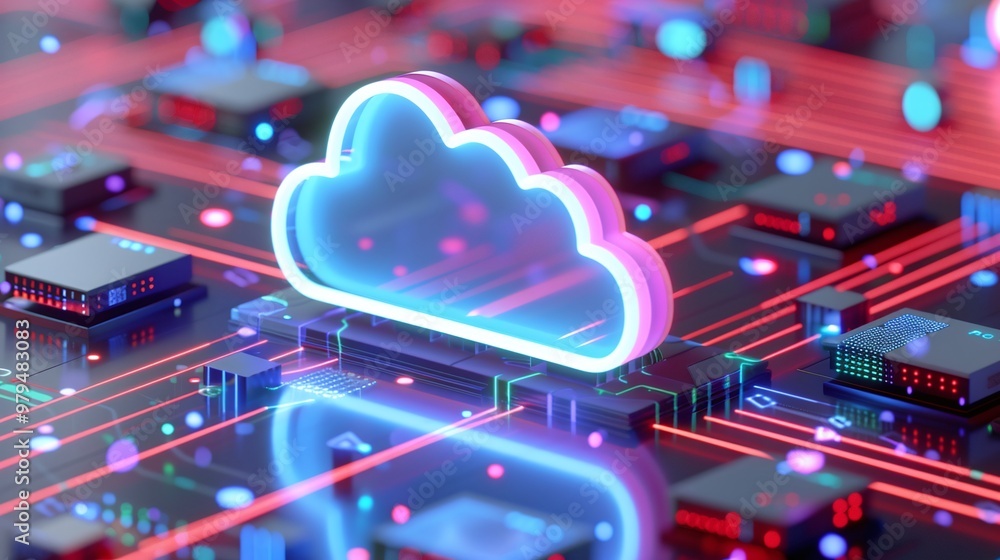 Poster A vibrant digital representation of a cloud symbol over a circuit board, showcasing technology and data connectivity in modern computing.