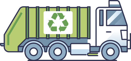 Illustration of a recycling garbage truck in side view, highlighting waste management and environmental conservation. © VectorMine