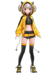 Adorable 3D Anime Character in Yellow and Black Outfit On transparent Background