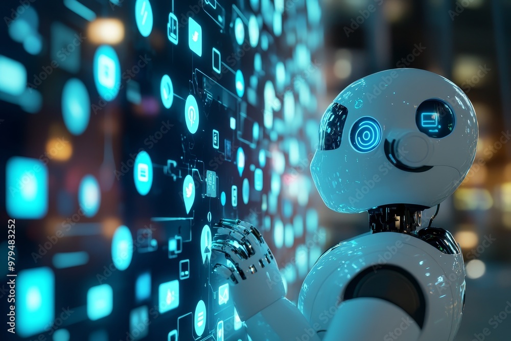 Poster white robot managing social media icons interface in a futuristic digital environment