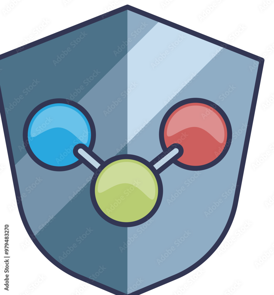 Poster a shield icon with interconnected colored circles symbolizing protection and security.
