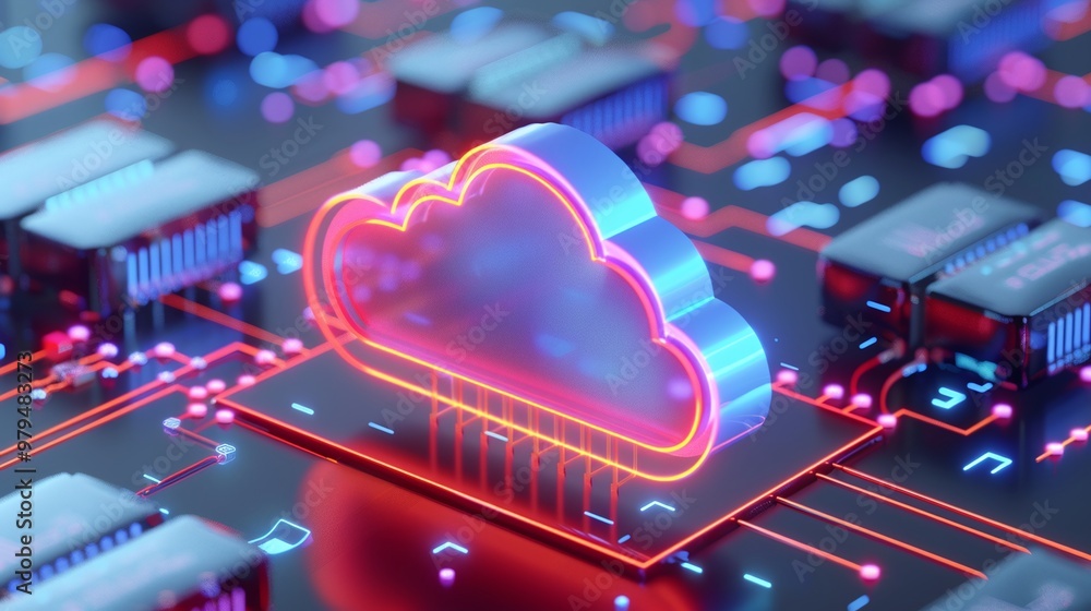 Poster a vibrant illustration of a cloud symbol above a circuit board, representing digital storage and clo