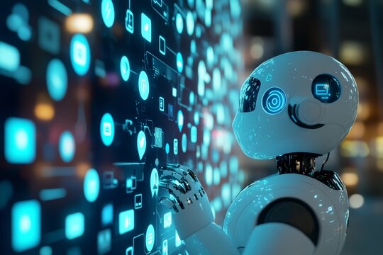 White robot managing social media icons interface in a futuristic digital environment