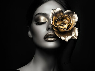 A woman is holding a gold flower in her hand