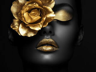 A woman with gold makeup and a gold flower on her face