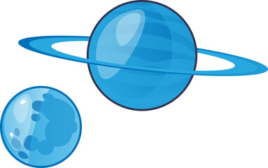 Illustration of a blue planet with rings and a blue moon, symbolizing celestial bodies in space.