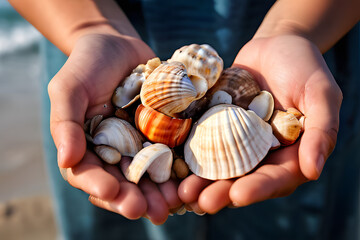 hands holding seashells on sand