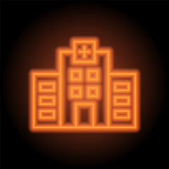 Hospital simple icon vector. Flat design. Orange neon on black background