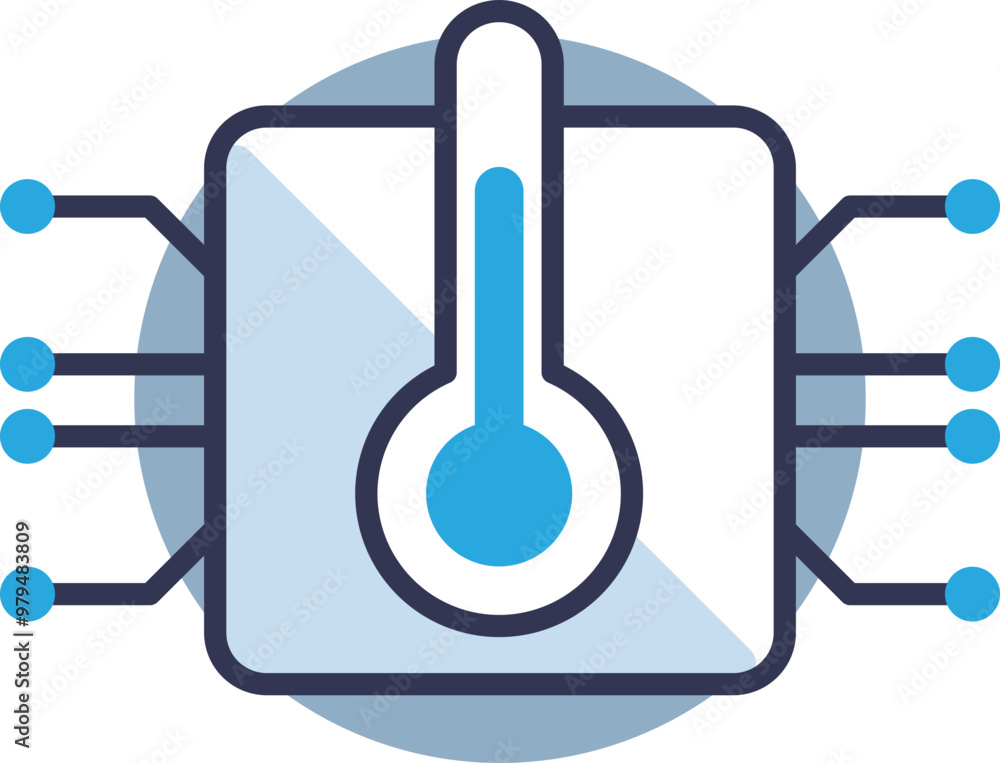 Poster illustration of a temperature sensor icon with a thermometer and circuit connections, symbolizing di
