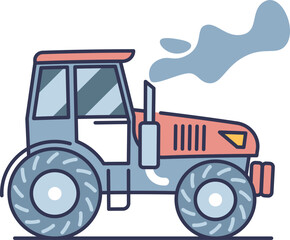 Side view of a tractor with smoking exhaust pipe, symbolizing agricultural machinery and farm work.