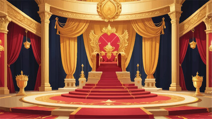 Grand Throne Room with Golden Accents, Royal Banners, and Majestic Throne in Vector Cartoon Style

