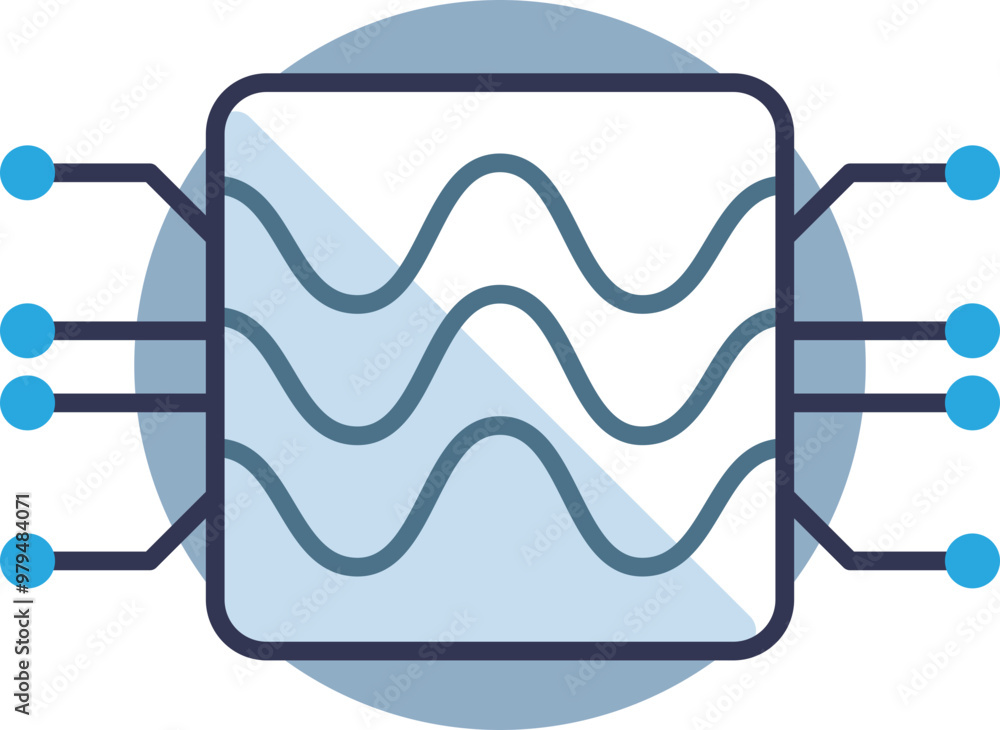 Poster illustration of a vibration sensor icon with wave patterns and connected nodes, symbolizing data tra