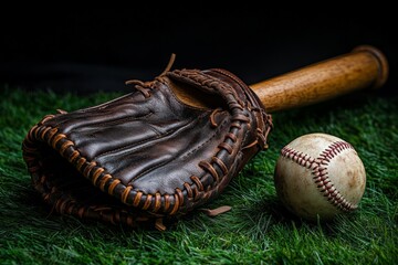 A vintage baseball glove, bat, and ball arranged on fresh green grass, evoking a sense of nostalgia and passion for America's favorite pastime.