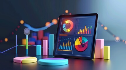 illustrations of an online marketing, financial report chart, data analysis, and web development concept, tablet with data chart, Generative AI illustrations.