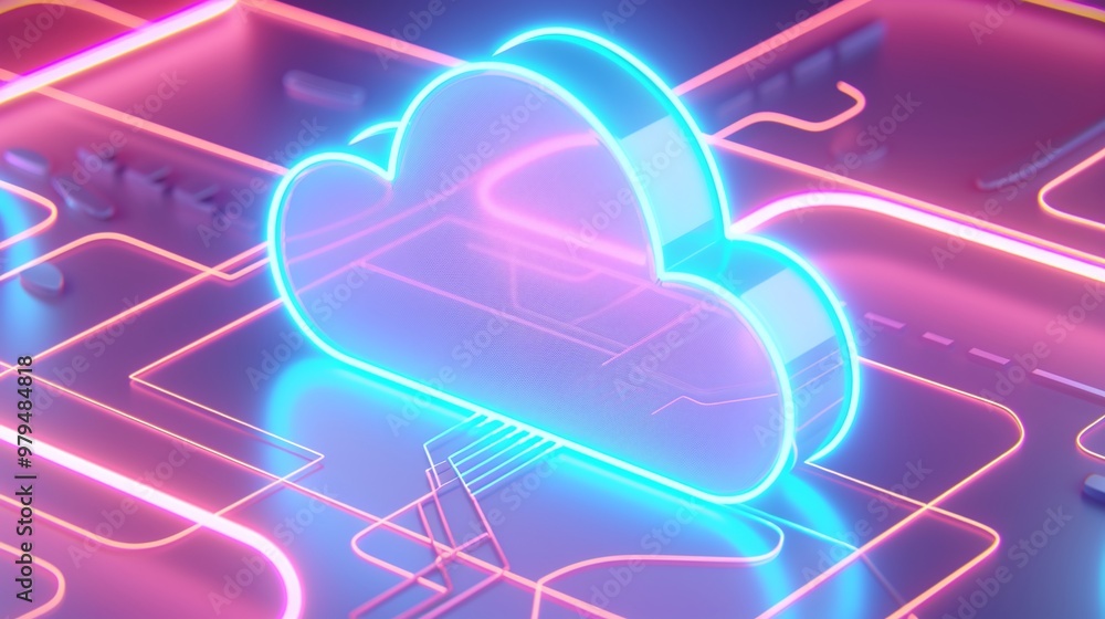Poster a vibrant neon cloud symbol representing digital storage and cloud computing technology in a modern 