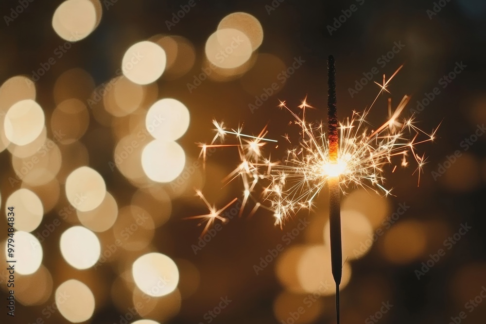 Poster close up of a sparkler with blurred background and bokeh effect for new year celebration banner