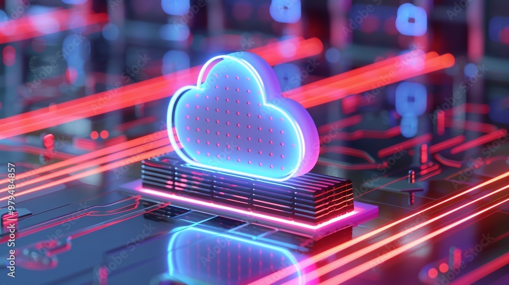 Aufkleber a vibrant neon cloud symbol representing cloud computing technology on a circuit board background.