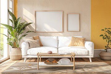 Bright and cozy living room with a white sofa, natural wooden elements, indoor plants, and a yellow accent wall, creating a warm and inviting space with framed artwork