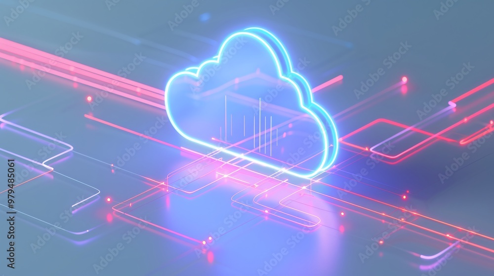 Poster a vibrant neon cloud symbol surrounded by dynamic light trails, representing cloud computing and dig