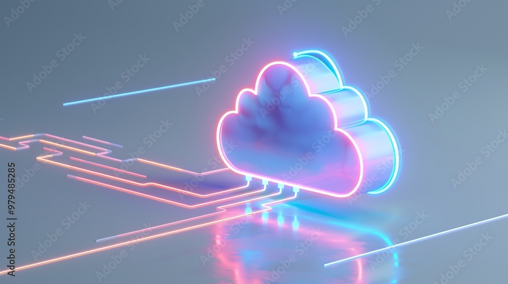 Poster a vibrant, neon cloud icon representing cloud computing and digital data storage with glowing circui