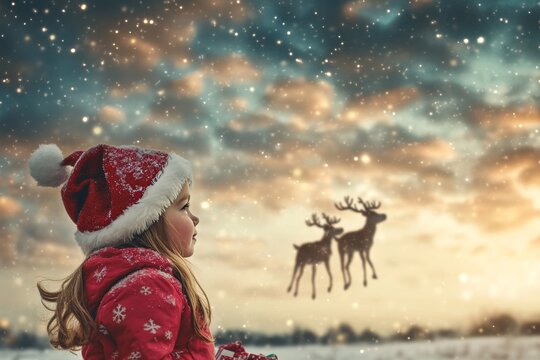 Children gaze in awe as santa claus and reindeer soar through the night sky with christmas gifts