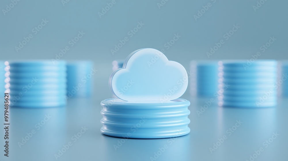Poster a visually appealing representation of cloud computing, featuring stacks of disks with a prominent c