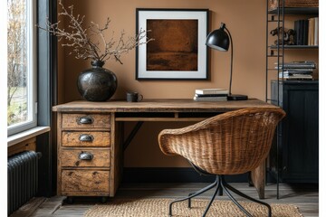 A stylish rustic corner with a wicker chair, an orange cushion, a wooden desk, and decor elements, creating a warm and inviting space for relaxation.