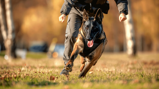 Police service dog runs in the park after being commanded to attack. A dog handler trains a Belgian Shepherd dog to catch criminals.