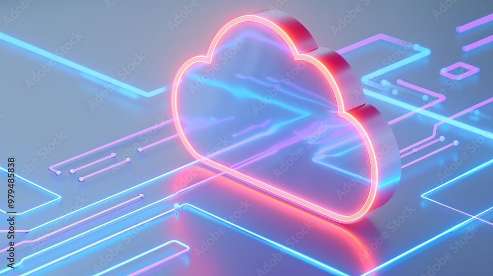 Poster abstract cloud computing design with neon colors, symbolizing data transfer and modern technology in