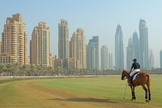 A thrilling polo match in progress with riders racing on their horses against a stunning sunset backdrop, capturing the dynamic energy and competition.