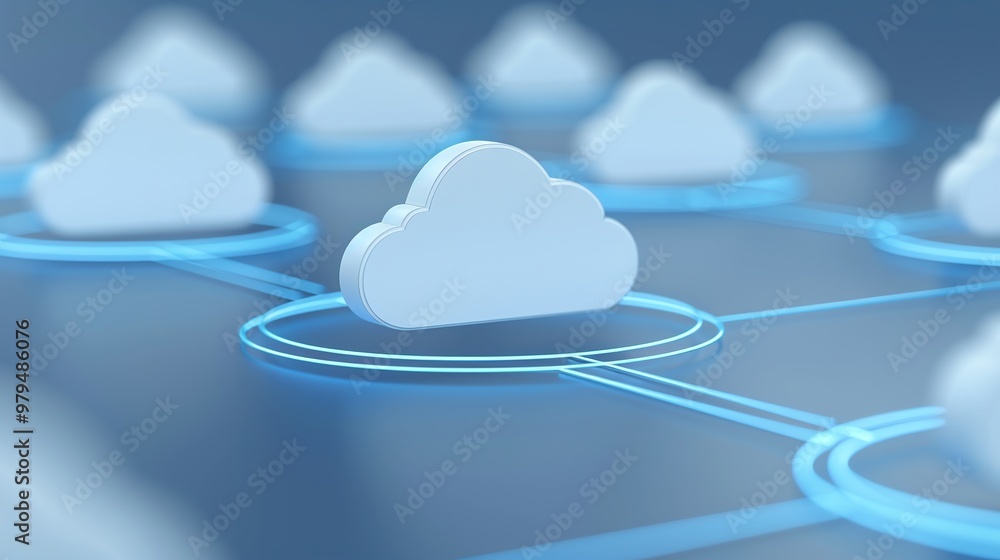 Poster abstract illustration of cloud computing network with interconnected clouds, representing digital da