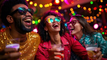 Friends Laughing at Colorful Party with Drinks