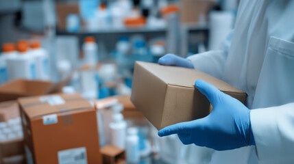 Pharmacist with a parcel in a warehouse. Concept of online shopping and orders delivery. Person in lab coat holding a box with medical equipment in his hands.