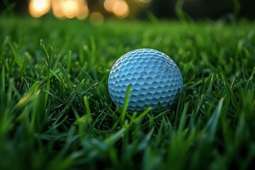Fototapeta premium A serene early morning scene with a golf ball resting on a dewy green, illuminated by the soft glow of the rising sun.