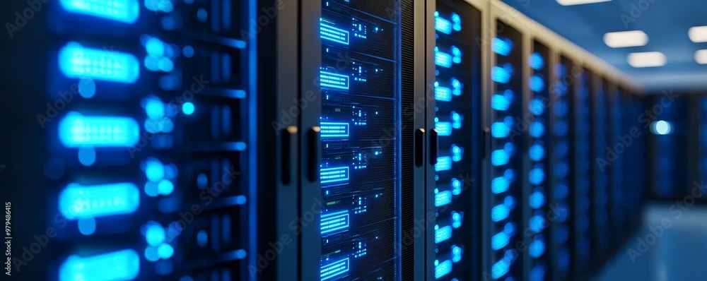 Poster high-tech server room with blue lights, showcasing modern data storage technology in a cool and effi