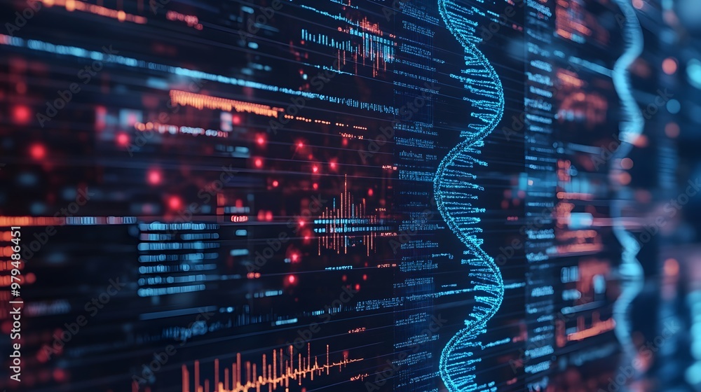 Poster a digital dna strand on a screen with data and code