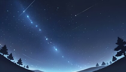 Naklejka premium Night sky full of stars and shooting stars over snowy landscape with trees