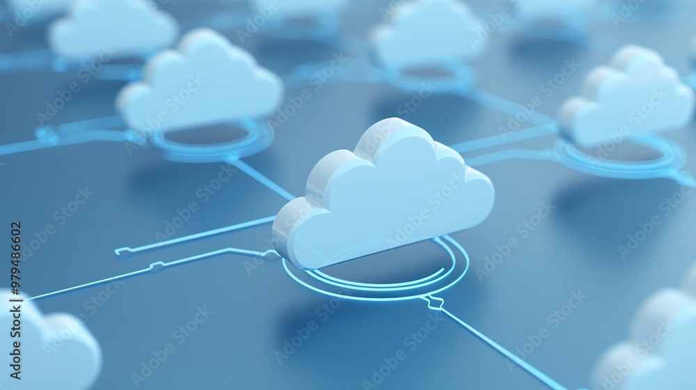 Poster abstract representation of cloud computing with interconnected cloud icons on a digital background.
