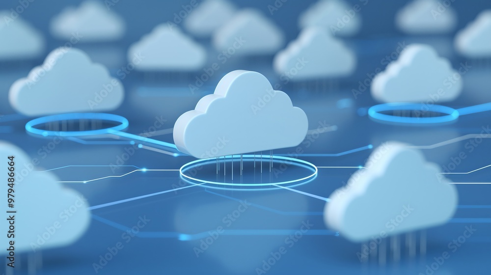 Poster abstract representation of cloud computing with multiple clouds connected by digital lines, illustra