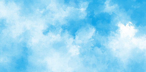 Abstract nature background of romantic summer blue sky with fluffy clouds.  Grunge smooth light sky blue and white shades aquarelle background. Abstract beautiful and soft cloudy blue clouds.