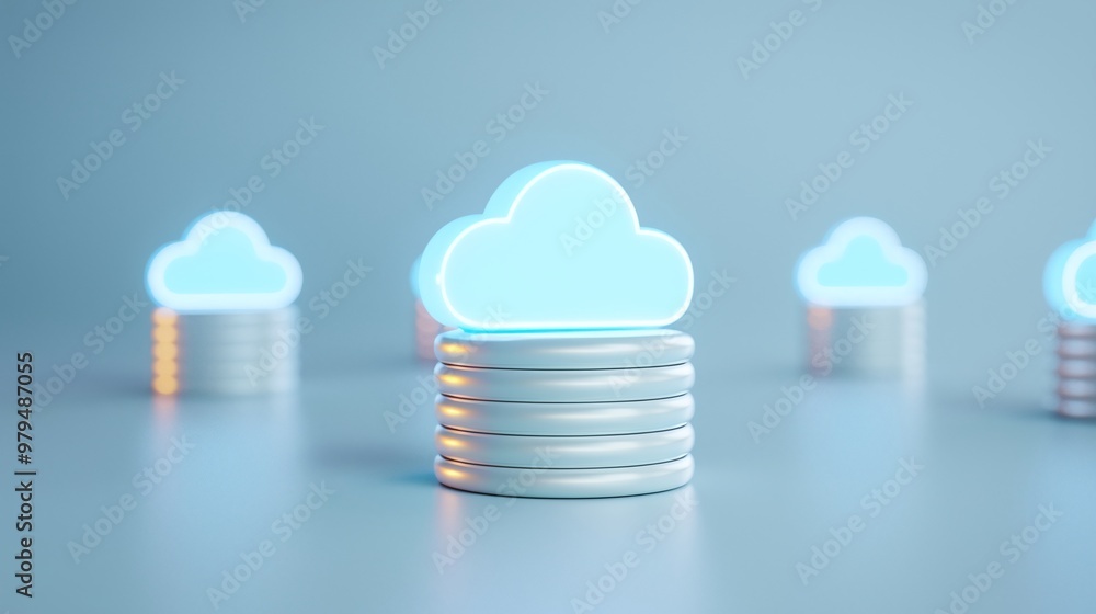 Poster bright cloud storage symbol on stacks, representing modern data management and cloud computing techn