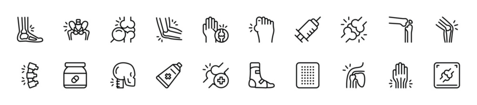 Set of joint pain icons. 20 sets of joint pain icons. Joint pain icons. Simple line joint pain icons