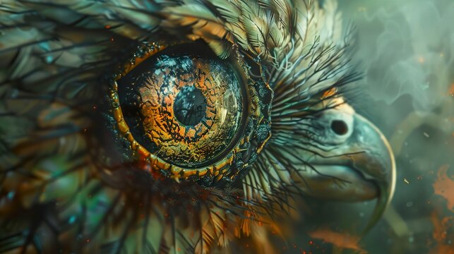 Close-up of a bird's eye with a detailed, textured, and vibrant golden color, set against a smoky, blurred background.